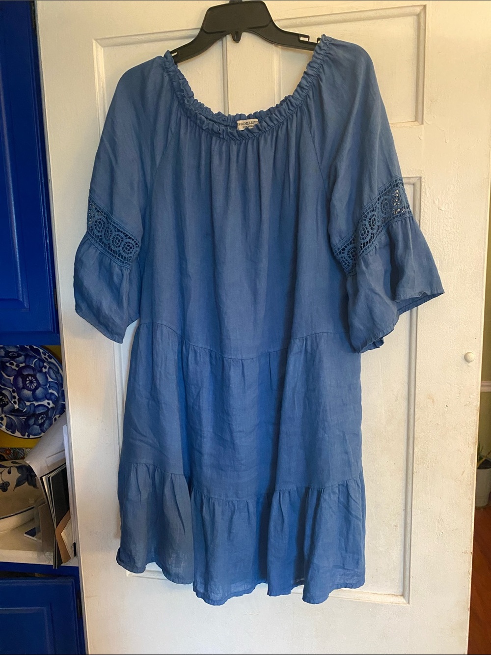 Light Blue Italian Linen Tiered Boho Dress with Lace Sleeve Detail